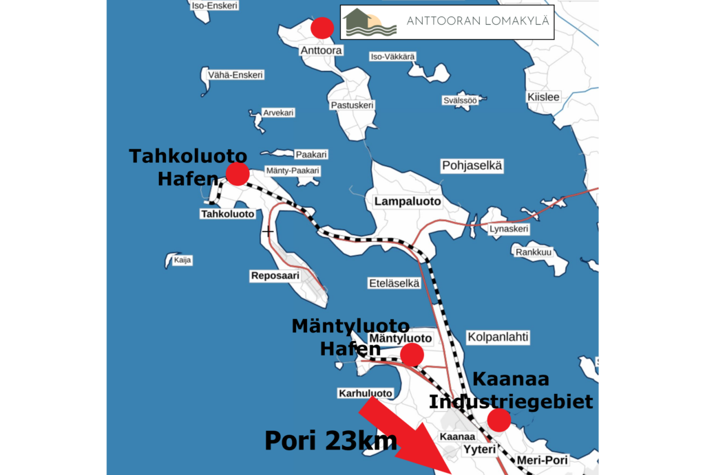 Meri-Pori Karte, Industriegebiet Kaanaa, Tahkoluoto Hafen, Mäntyluoto Hafen, Feriendorf Anttoora